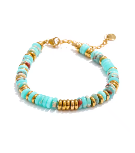 Natural Stone Blue Gold Plated Beaded Waterproof Bracelet Bangle-Stainless Steel - Picture 16 of 19