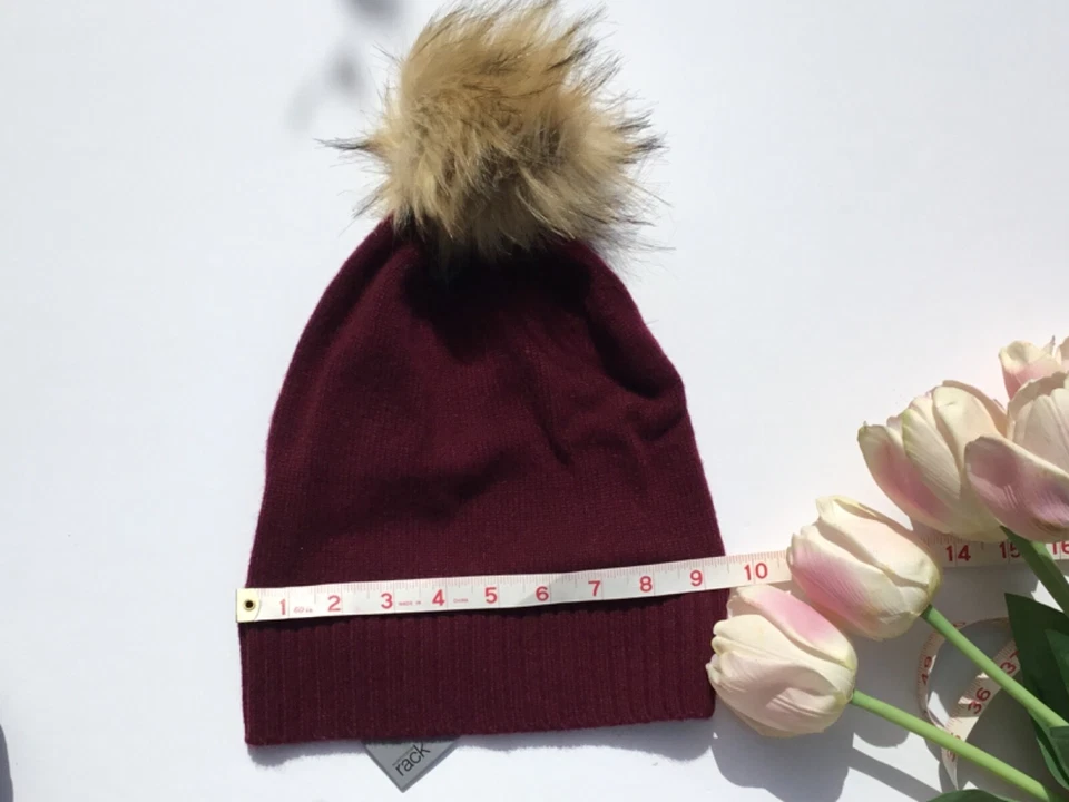 Nordstrom Rack 100% Cachemira Gorro Piel Sintética Pompón Sombrero Borgoña Rojo Regalo Foto 4 de 4