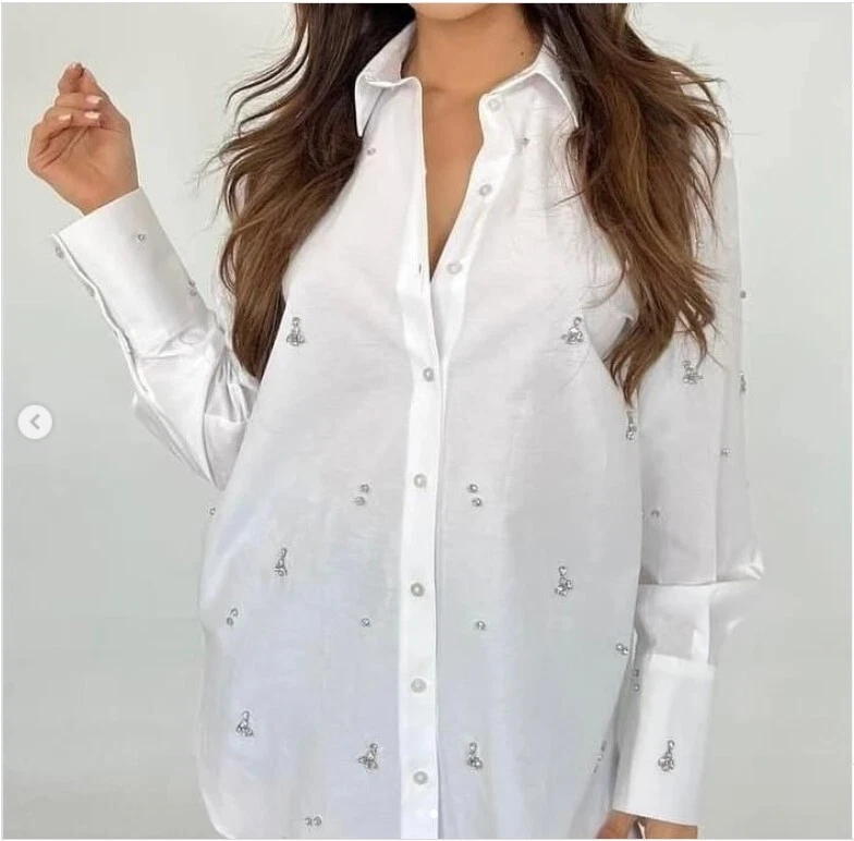 ZARA OYSTER WHITE RHINESTONES EMBROIDERED OVERSIZED POPLIN LONG SHIRT BLOUSE NEW