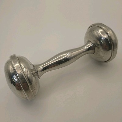 Web Silver Co. Pewter Dumbbell Baby Rattle 4 1/4'' Inscribed C-J-P Antique 