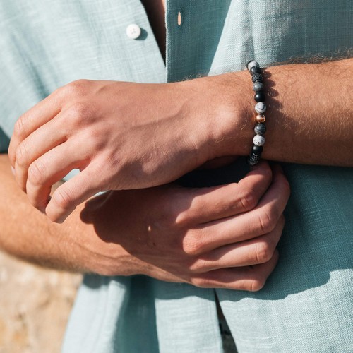 Black Onyx & Picture Jasper CZ Rose Beads Macrame Bracelet - Picture 2 of 8