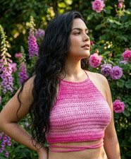 handmade crochet womans boho summer top festival M/L pink ombre new