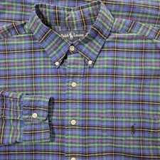 Vintage Polo Ralph Lauren Big Shirt Mens Large Blue Green Plaid Pony Button Down