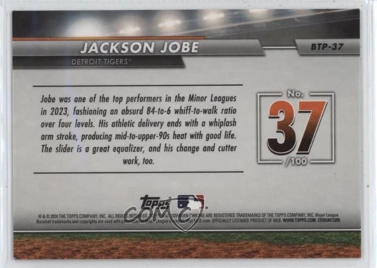 2024 Bowman Bowman Scouts Top 100 Green Refractor /99 Jackson Jobe #BTP-37 - Image 2 of 2