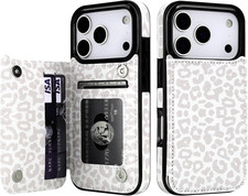 Wallet Case with Card Holder for Iphone 17 Pro, White Leopard Cheetah Pattern Ba