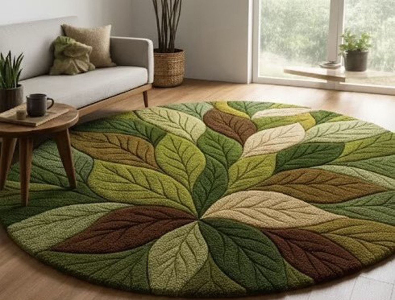 Hand Tufted Leaf Design Rug, Modern Botanical Area Carpet in Green and Brown