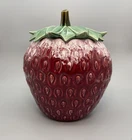 Vintage McCoy pottery strawberry cookie jar dark red white drip glaze perfect