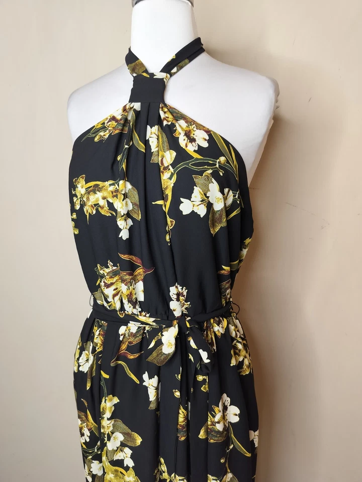 New York & Company Floral Halter Maxi Dress Size Large Black Yellow Flowy NWT - Image 4 of 4