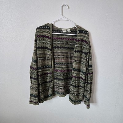 Classic Elements Cardigan Women's L Zipup Green Purple Striped Pattern 90s VTG