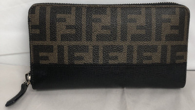 Fendi Zucca PVC Leather Black Brown Zip-Around Wallet