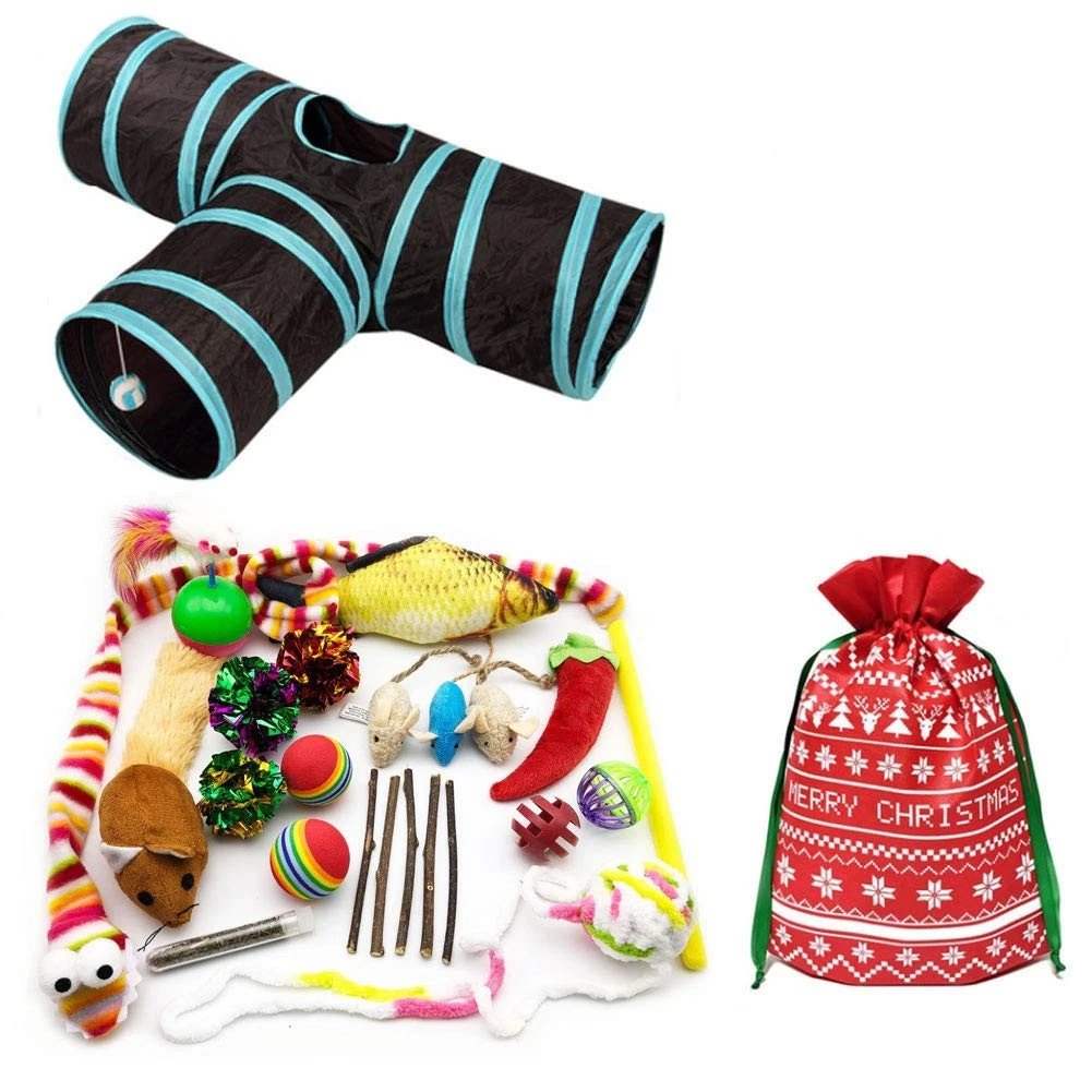 24 Cat Toys Kitten Catnip Toys Variety Pack - 3 Way Tunnel, Interactive Wand,...