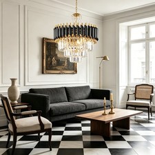 Image of Modern Luxury K9 Crystal Chandelier 3-Tier Round Black Gold Pendant Fixture