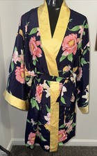 Vintage NATORI Kimono Robe SMALL Navy Yellow Pink Floral Satin Lounge
