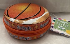 VTG "SLAM DUNK" BASKETBALL 4" ROUND METAL CANDY/STORAGE ZIPPERED TIN NEW NWT