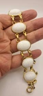 VTG White Milk Glass Scarab Link Bracelet Egyptian Revival Gold Tone 7.5”