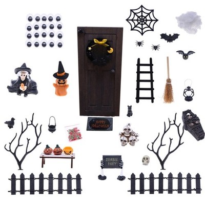 Crafted Dollhouses Elf Door Set With Miniature Pumpkin Figures Cobweb Display
