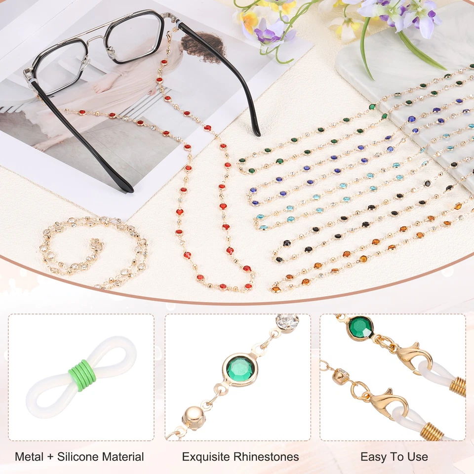 Cadena para gafas, 75 cm pedrería correa para gafas con 6 extremos para mujer, verde Foto 3 de 4