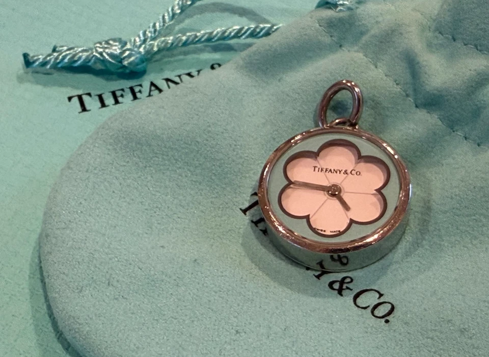 RARE Tiffany Clock Blossom Flower Clock Charm with Pouch - Image 4 of 4