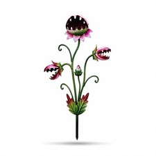 Metal Plant Stake with Leafy Base Artisanal Yard Ornament Flat for Flower Beds