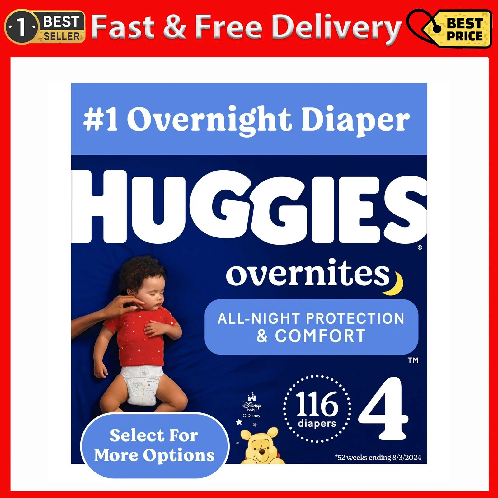 116 Ct Overnight Diapers Size 4 (22-37 lbs), Huggies Overnites Nighttime Baby