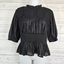 Something Navy WomensTop Sz Small Black 3/4 Sleeve Pintuck Cotton Blend