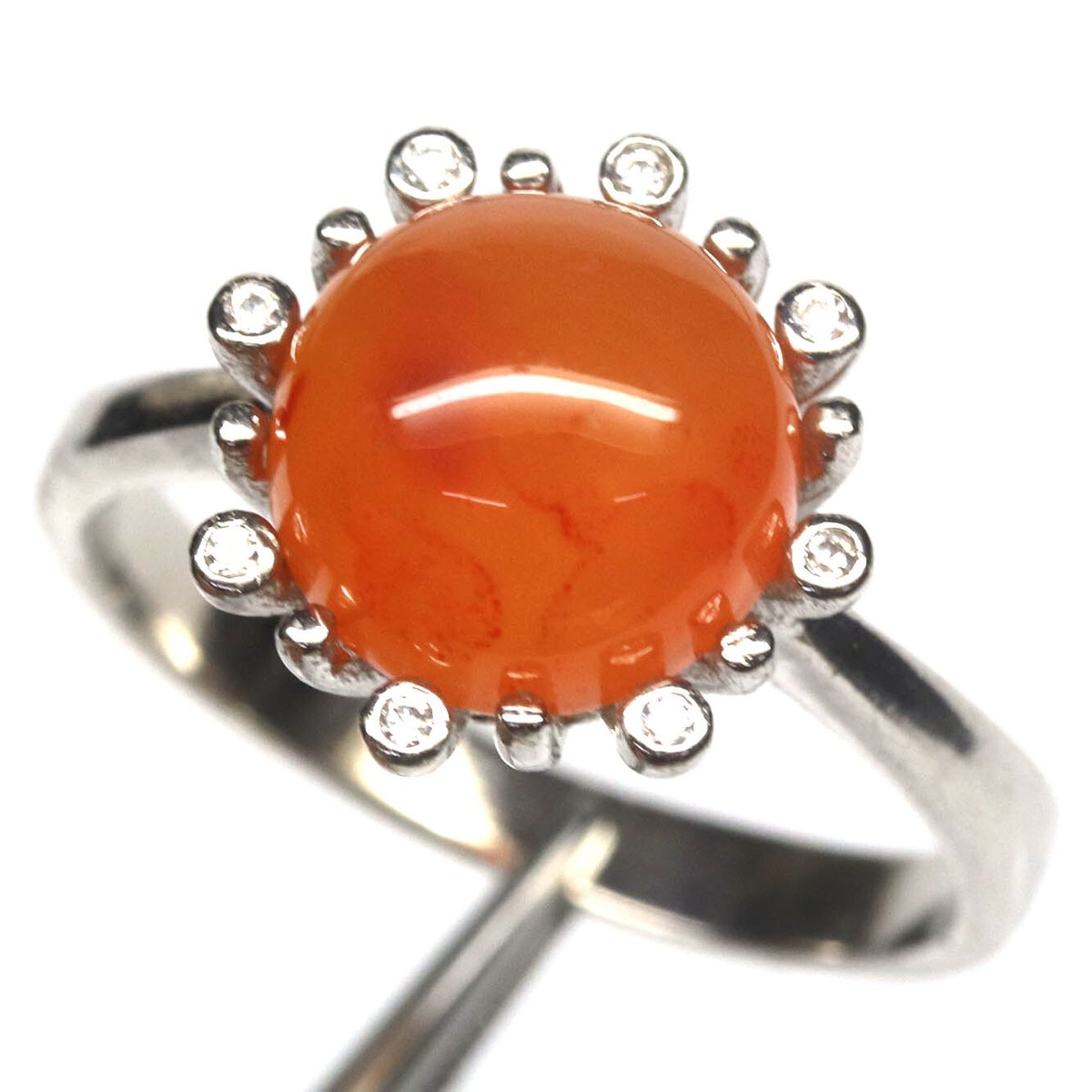 カーネリアンの指輪 Unheated Orange Carnelian & Cubic Zirconia Ring 925 Sterling