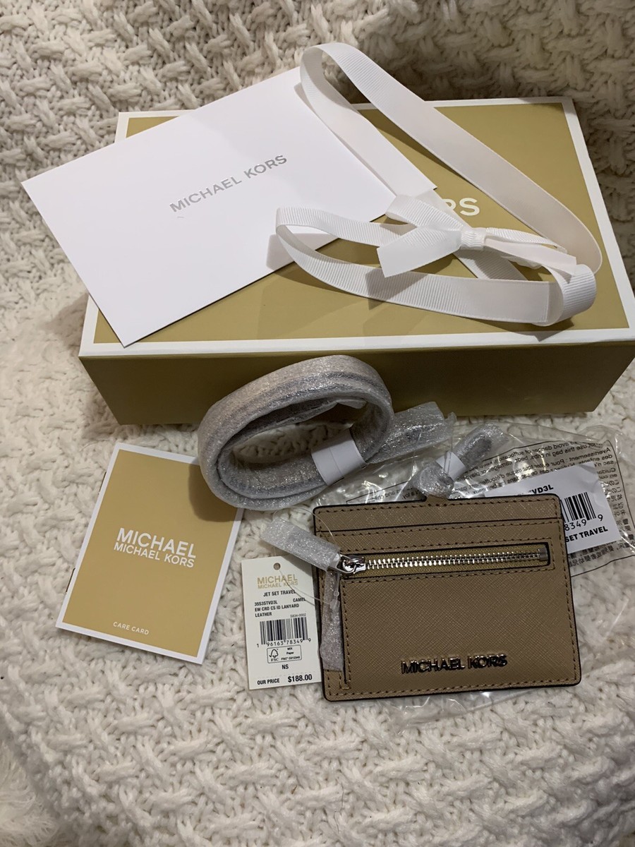 NWT 🌺 Michael Kors Jet Set ID Card Case Lanyard Camel Brown BOX