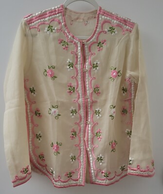 Vintage Ladies Sheer Embroidered Jacket Pink And White