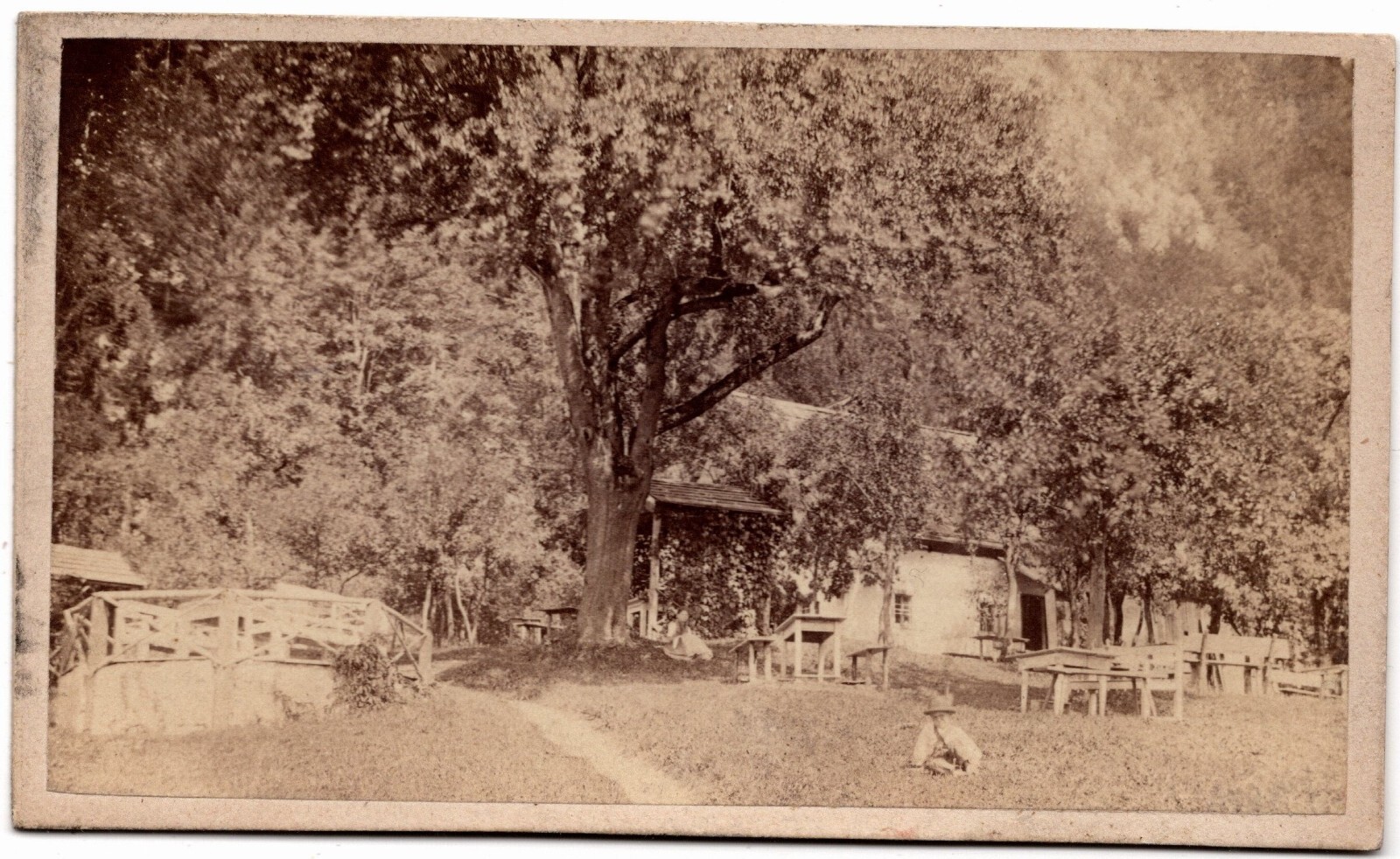 ANTIQUE CDV CIRCA 1870s  TWO CDVS OF HOUSE AND LAWN WITH BOY AND PICNIC TABLES — additional view