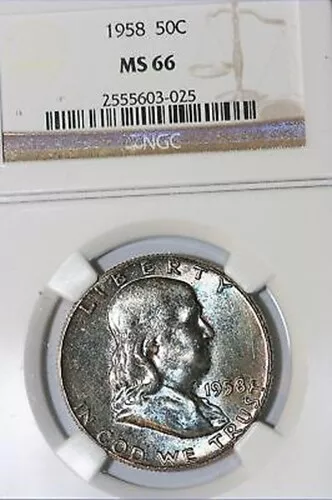 1958 Franklin 90% Silver Half Dollar NGC Slab - MS66 (2555603-025)