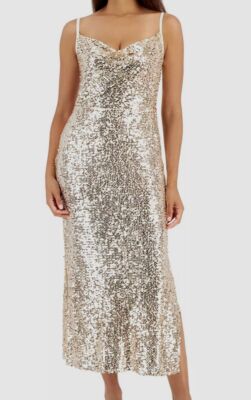 Taylor Women's Beige Sequined Draped Neck Sleeveless Dress Size 2