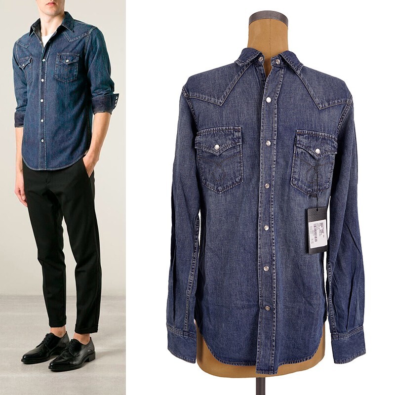 CAMICIA S NUOVA $750 SAINT LAURENT Vintage Blu DENIM GIAPPONESE CLASSICO STILE WESTERN