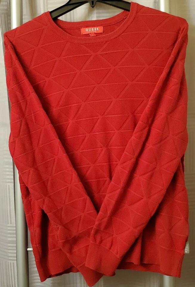 Guess - Crewneck Sweater -Knit Diamond Pattern- Dark Red - Large - Image 3 of 4