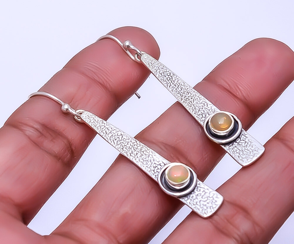 Wellow Natural Ethiopian Opal Handmade 925 Sterling Silver Earrings 2.34 Inch E44