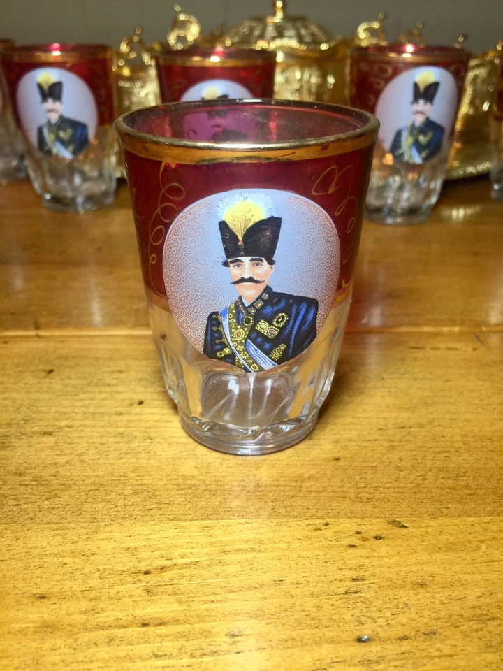 Juego de té turco de latón dorado arándano Glcoloc vidrio Kemal Atatürk bandeja plato de azúcar Foto 4 de 4