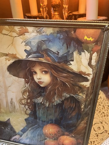 Little Witch, Halloween, Witchy Cat, Pumpkin, Vintage Framed Print #7 - Picture 5 of 6