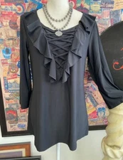 Antthony Originals Black Ruffle Bib Dance in Color Travel Knit Blouse Top New