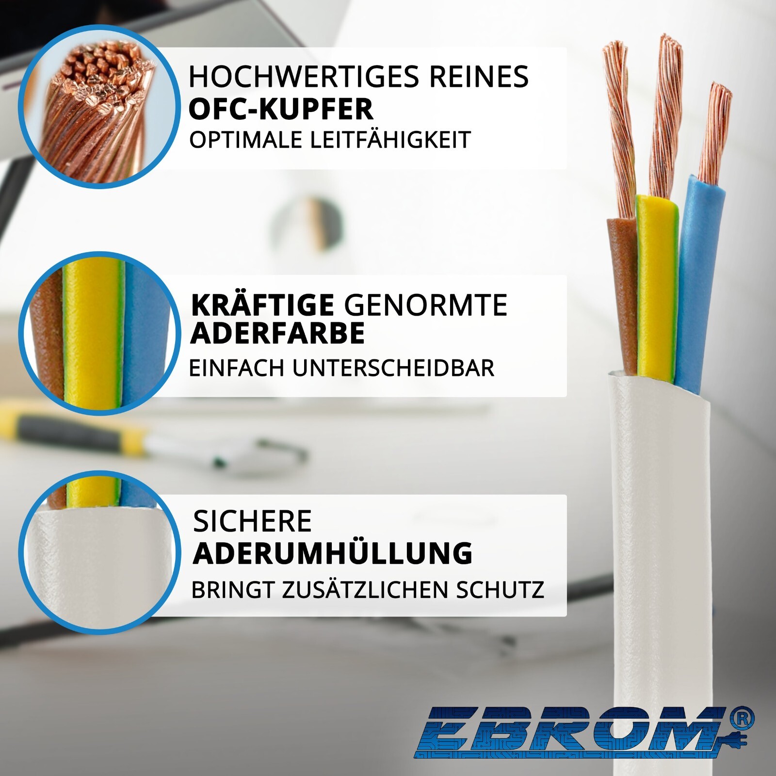 Schlauchleitung H03VV-F 3x0,75 Mm² – 10 Meter, Weiß, Für Lampen & Kleine Elektrogeräte