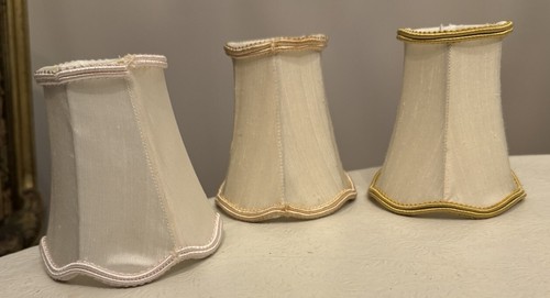 3 Fabric Lamp Shade Ivory Slubbed Silk Clip On 4.5” X 4” Each Color Trim Differs - Picture 3 of 3