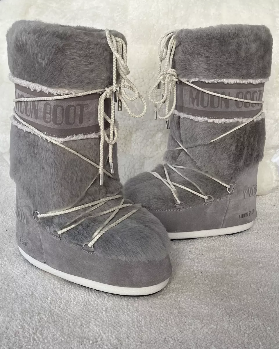 Yves Salomon X Moon Boot Grey Shearling Sheepskin Snow Ski Moon Boots