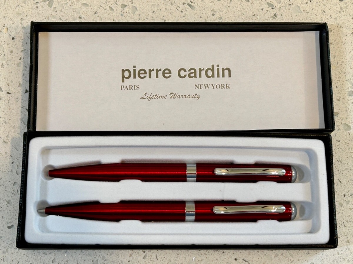 PIERRE CARDIN Candy Apple Red Chrome Pen Pencil Set New Old Stock In Box