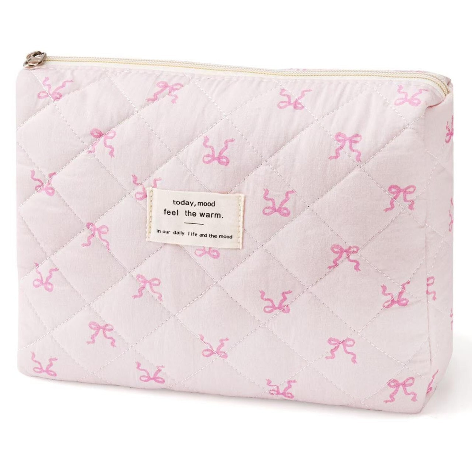 Quilted Large Travel Makeup Bag with Cute Bow Fashion Cotton Cosmetic Pouch