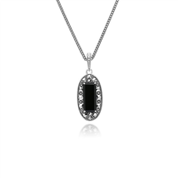 Art Oval Onyx Und Markasit AnhäNger Halskette In Sterlingsilber-image
