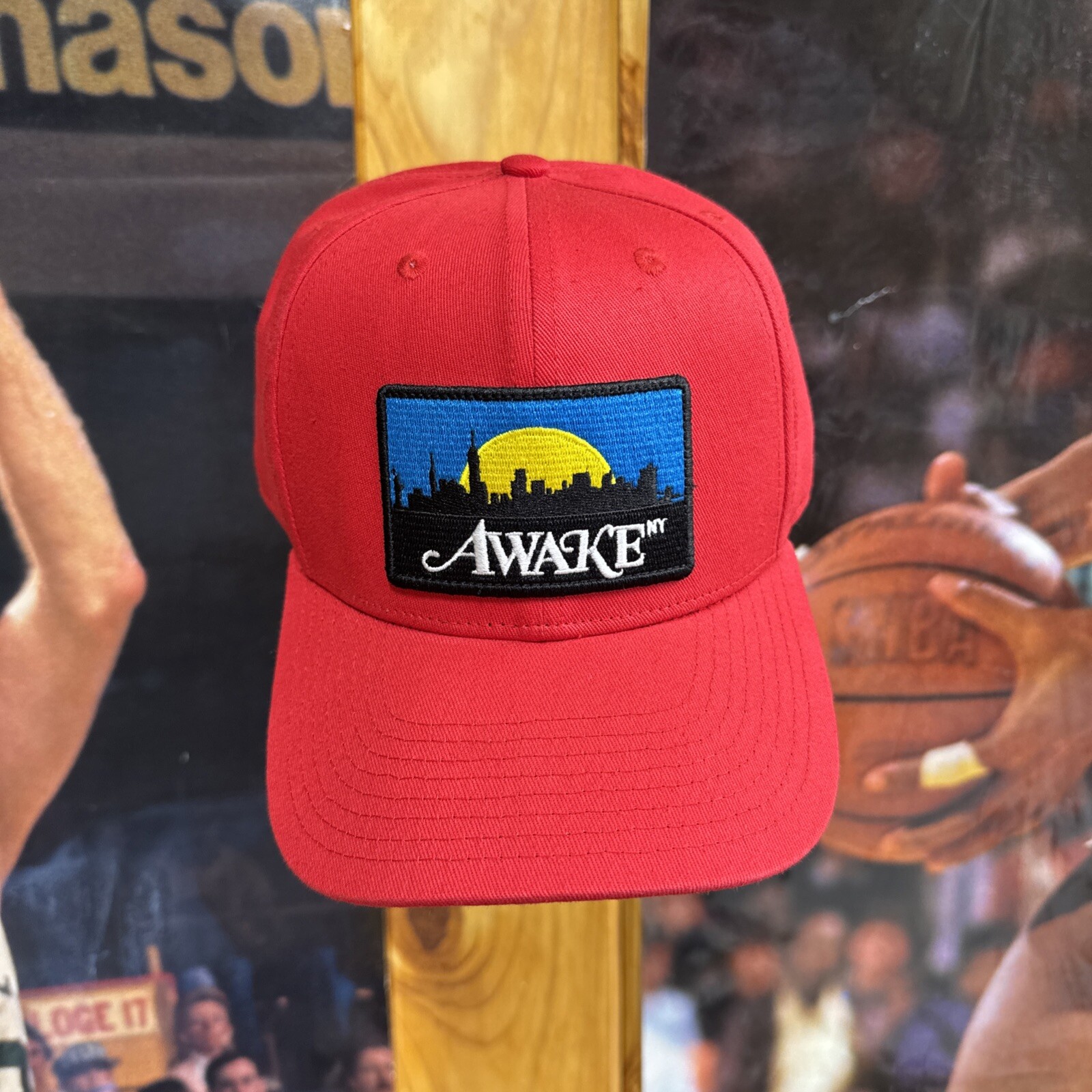 Awake NY Red Skyline Snapback Cap with Embroidered NYC Streetwear Design