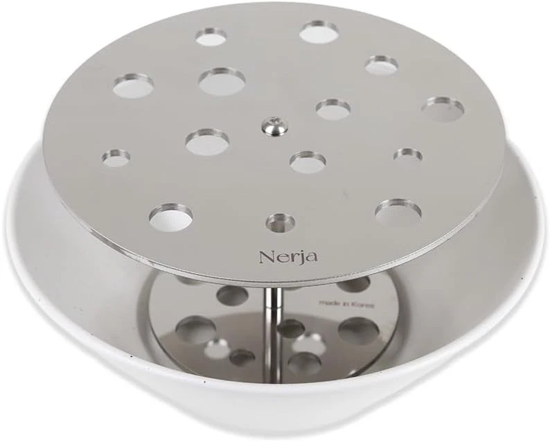 Jarrón de cerámica Nerja Ikebana con soporte para flores de acero inoxidable - Marfil redondo Foto 3 de 4