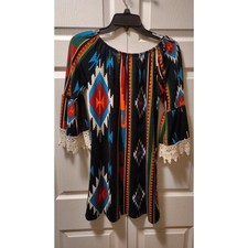 R. Rouge Southwestern Boho Aztec Print Bell-Sleeve Tunic Lace Cuff Dress Small
