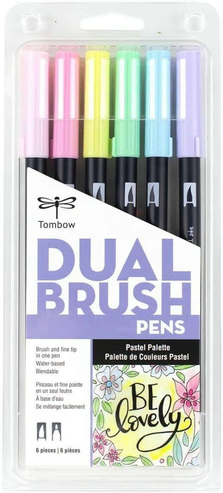 56213 Dual Brush Pen Art Markers, Pastel, 6-Pack. Blendable, Brush and Fine Tip