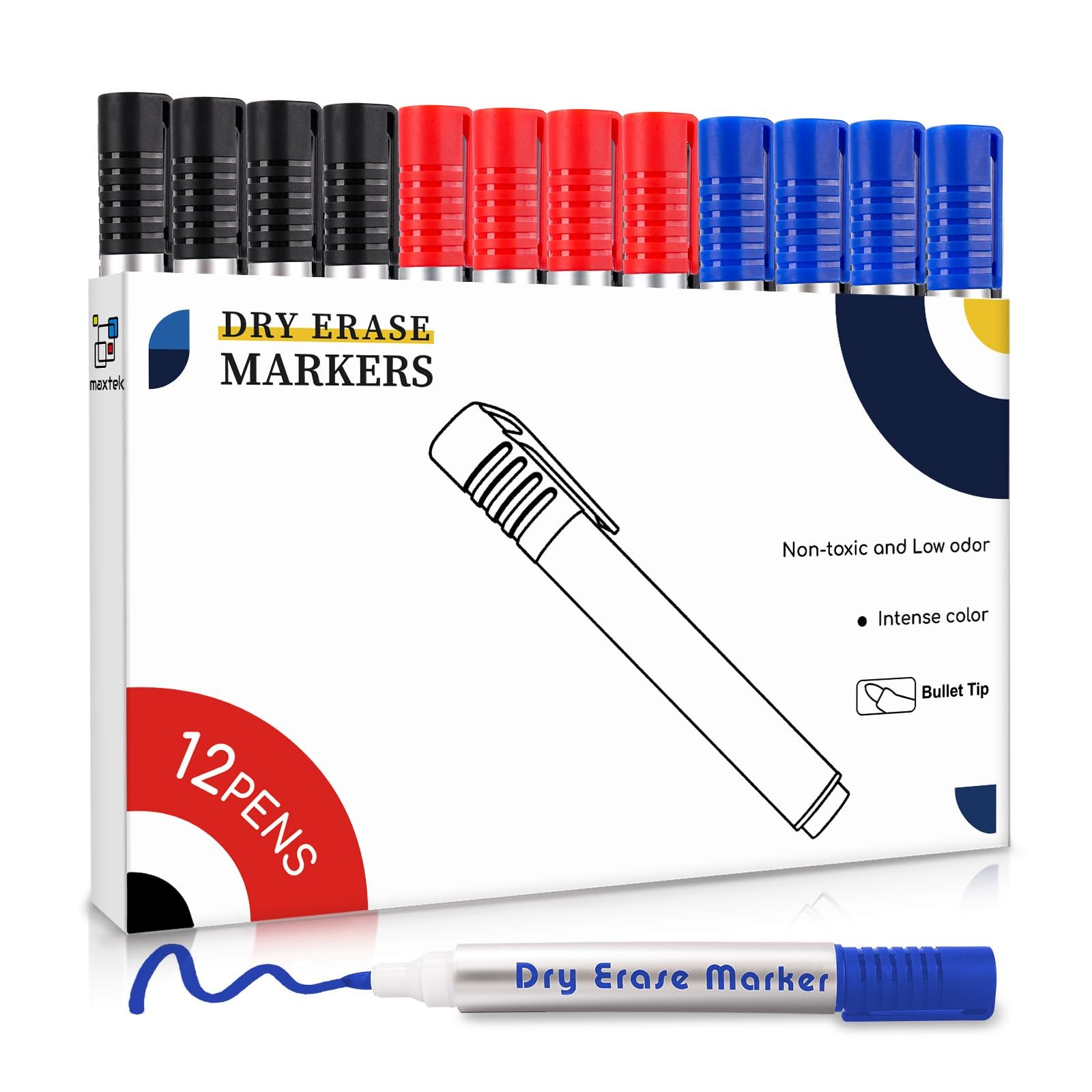 maxtek Whiteboard Pens, 12pcs Whiteboard Markers 3 Assorted Colours Black Blu...