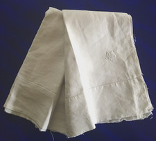 COUPON EN FIL DE LIN PARTIE D'ANCIEN DRAP MONOGRAMME BRODÉ MAIN VM ? 110x110cm