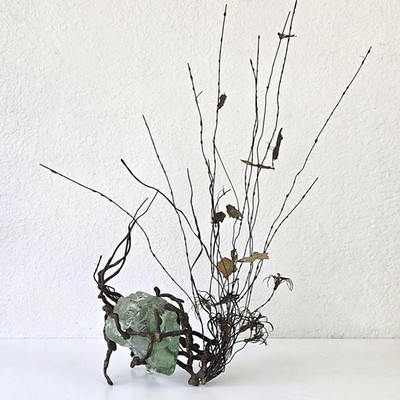 Mid Century Brutalist Bronze Glass Sculpture Signed Purdy Modernist